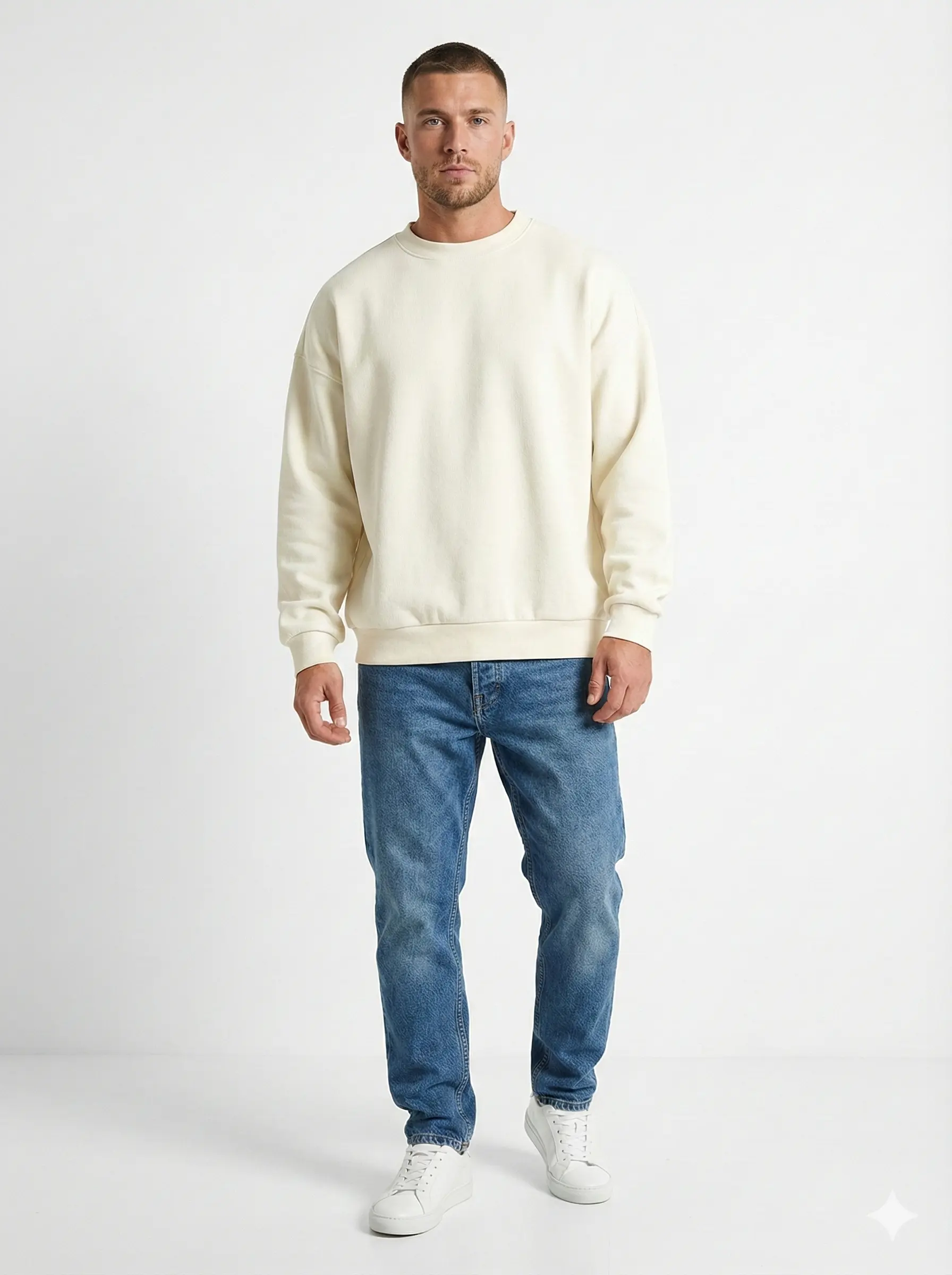 Ekru sweatshirt ve jean kombini